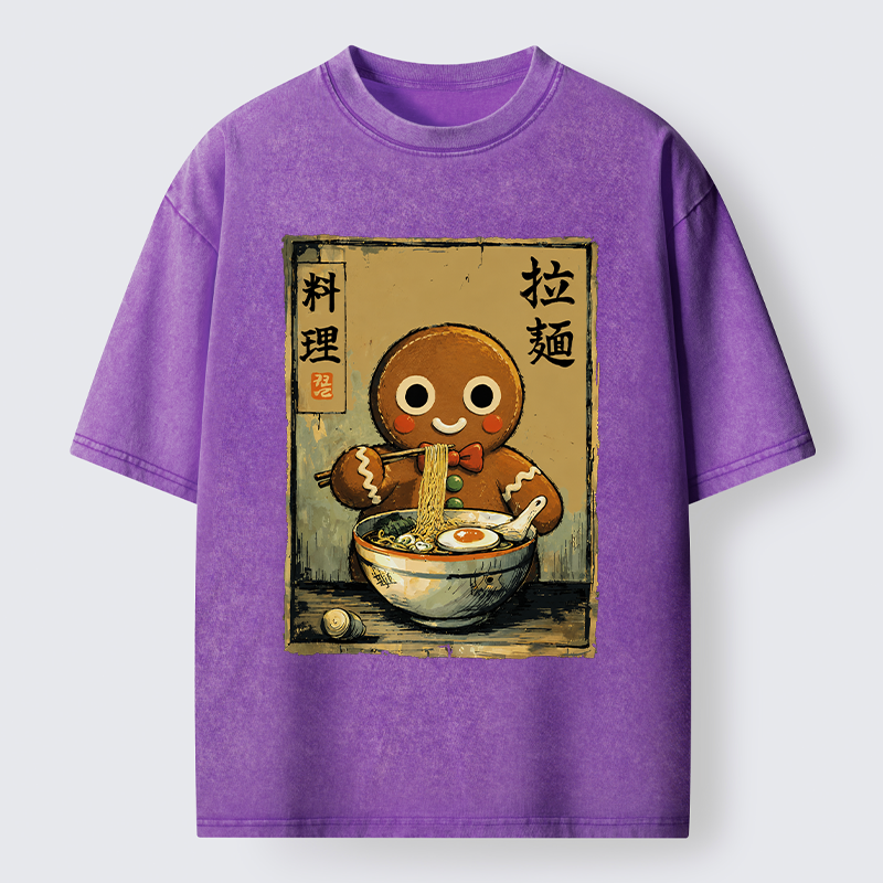 Tokyo-Tiger Funny Gingerbread Eating Ramen Washed T-Shirt