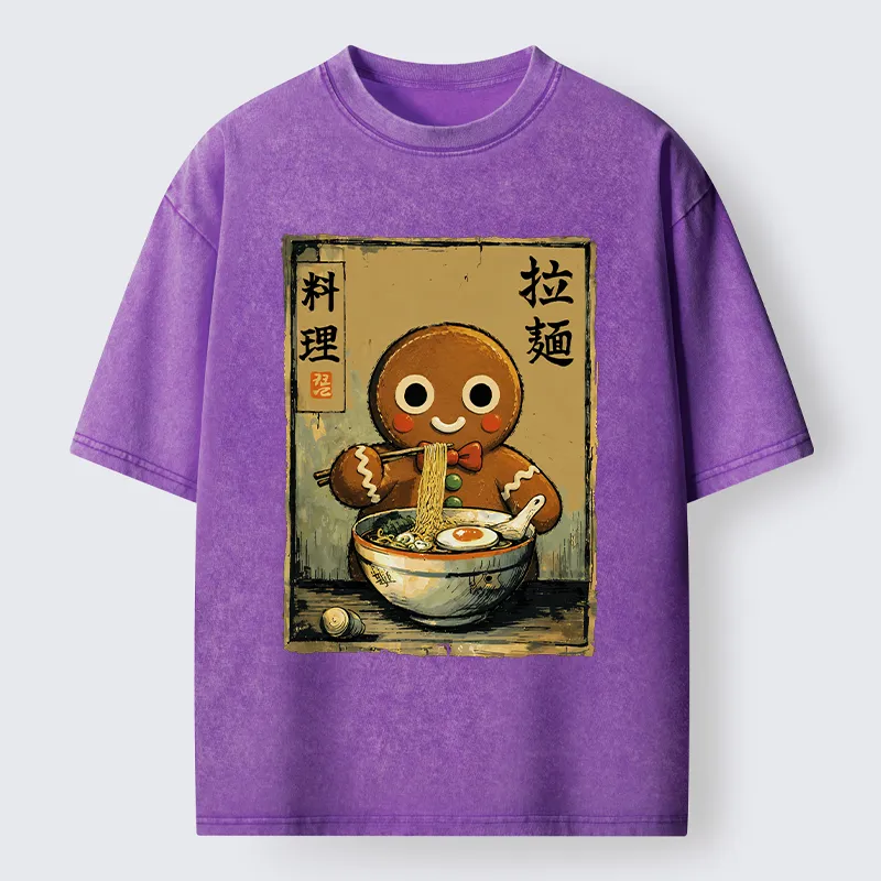 Tokyo-Tiger Funny Gingerbread Eating Ramen Washed T-Shirt