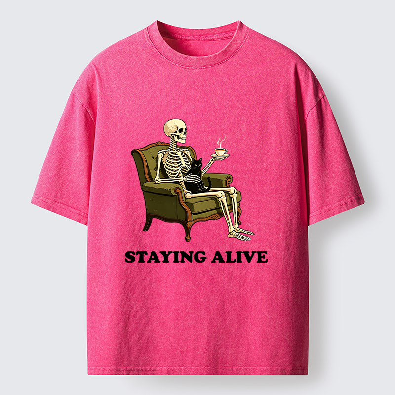 Tokyo‑Tiger Skeleton Coffee Cat Washed T‑Shirt