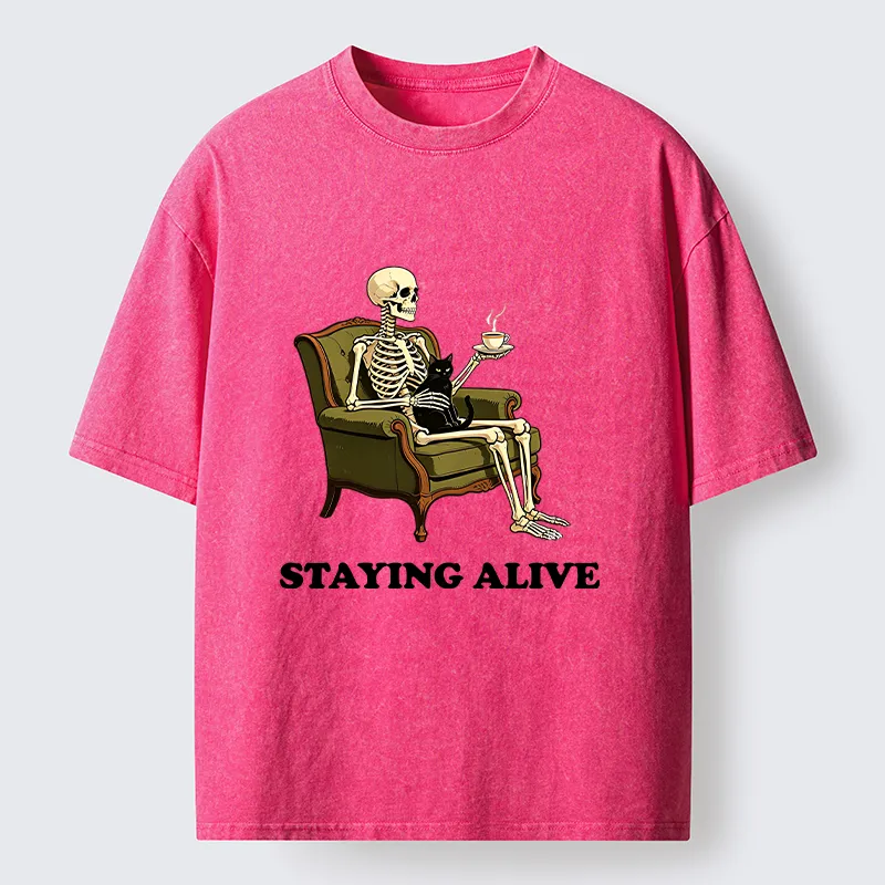 Tokyo‑Tiger Skeleton Coffee Cat Washed T‑Shirt
