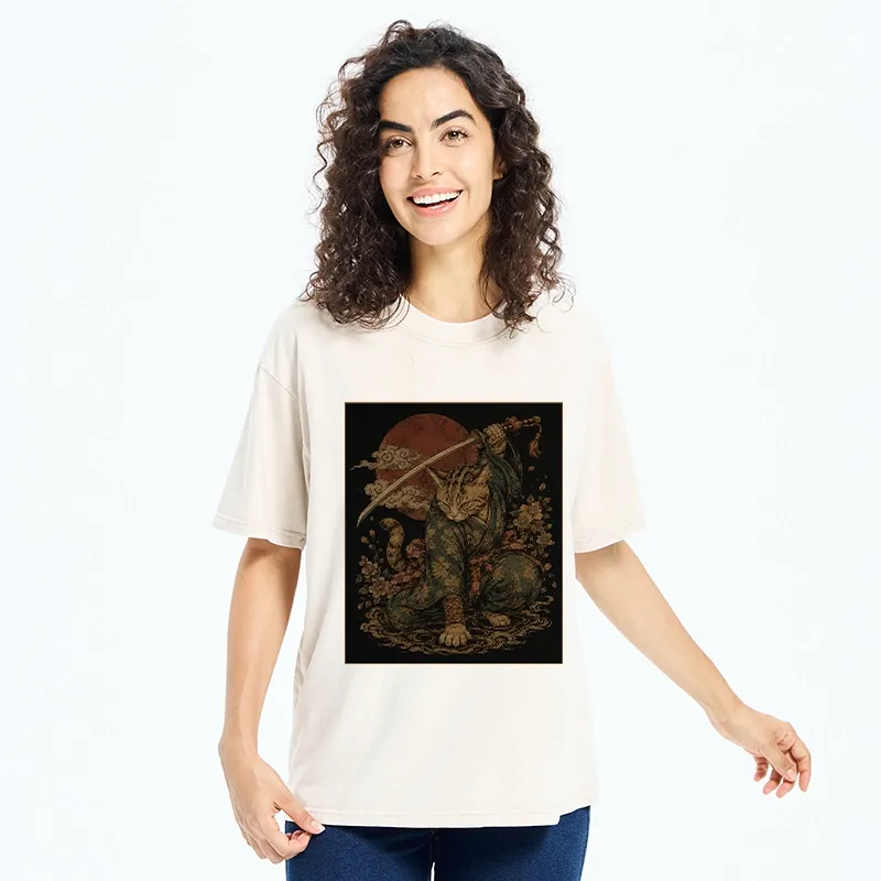 Tokyo-Tiger Samurai Cat Sword Floral Japanese Art Washed T-Shirt