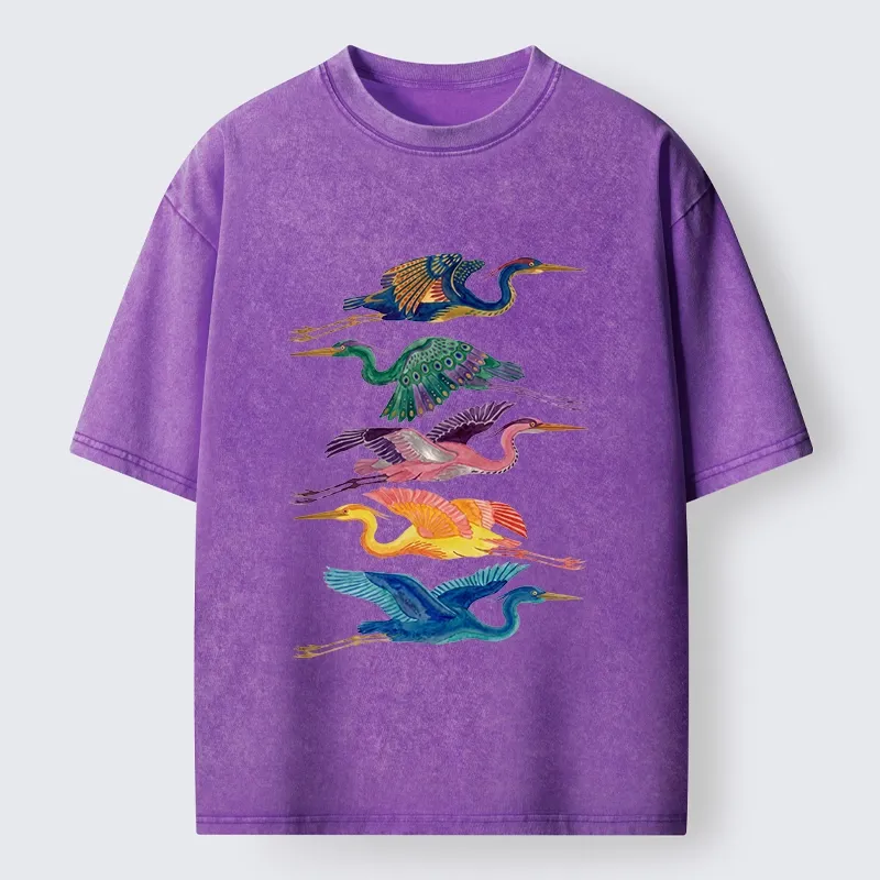 Tokyo‑Tiger Colorful Flying Cranes Washed T‑Shirt