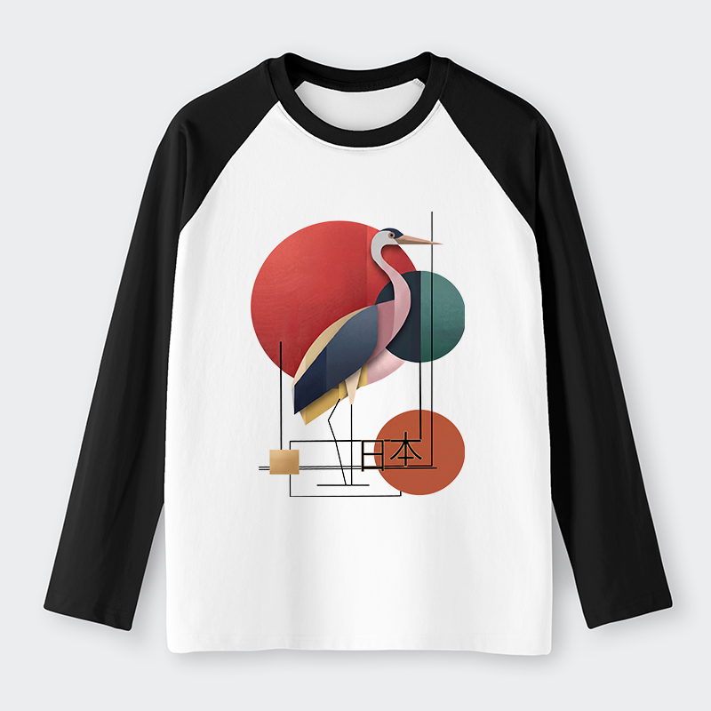 Tokyo-Tiger Geometric Crane Art Raglan Long Sleeve T-shirt