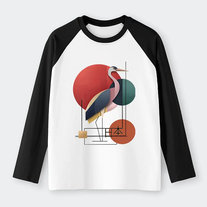 Tokyo-Tiger Geometric Crane Art Raglan Long Sleeve T-shirt