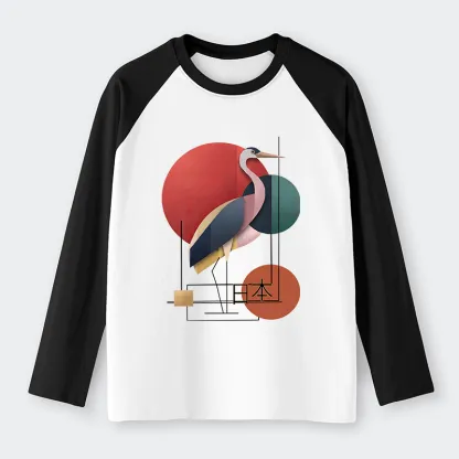 Tokyo-Tiger Geometric Crane Art Raglan Long Sleeve T-shirt