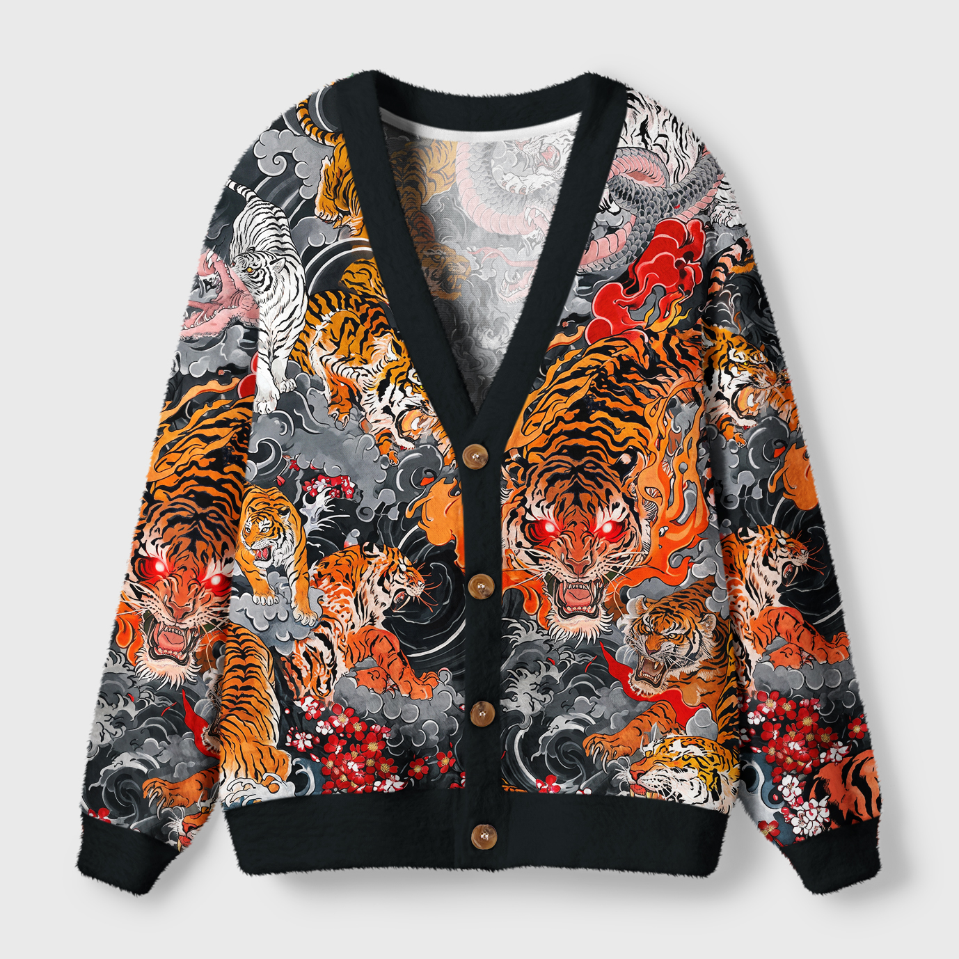 Tokyo-Tiger Inferno Of Roaring Tigers Ugly Cardigan Sweater