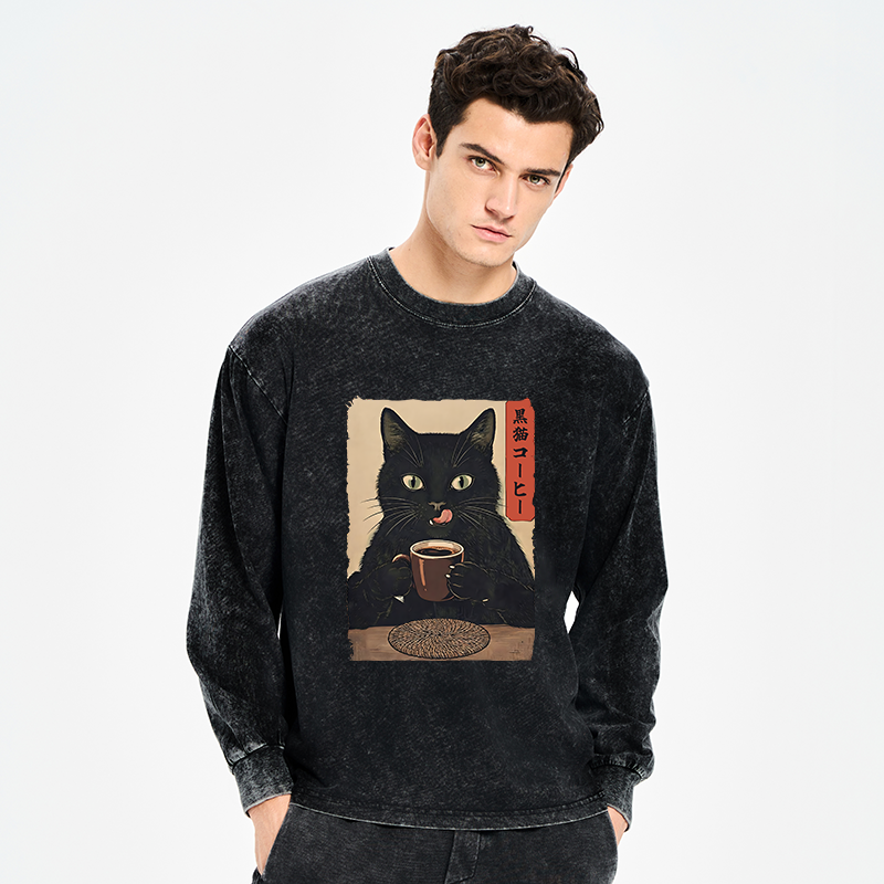 Tokyo-Tiger Vintage Black Cat Coffee Art Washed Long Sleeve T-Shirt