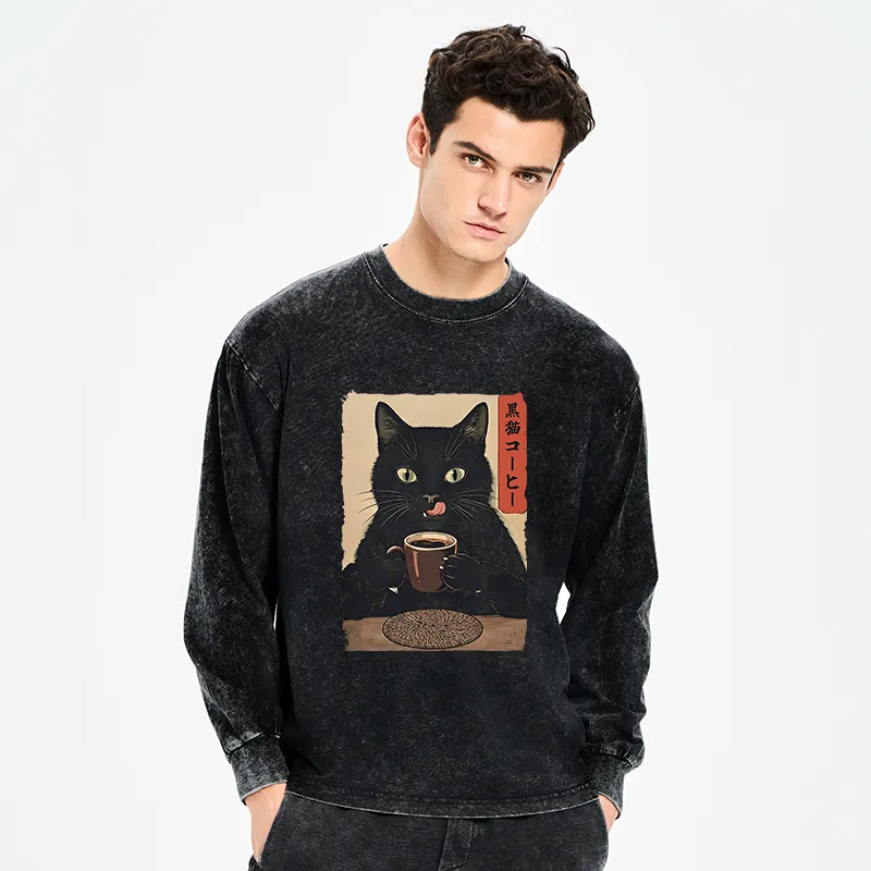 Tokyo-Tiger Vintage Black Cat Coffee Art Washed Long Sleeve T-Shirt