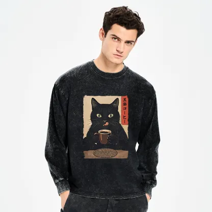 Tokyo-Tiger Vintage Black Cat Coffee Art Washed Long Sleeve T-Shirt