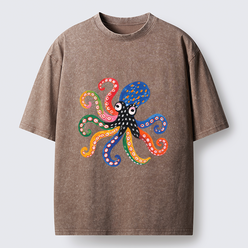 Tokyo-Tiger Bright Rainbow Octopus Washed T-Shirt