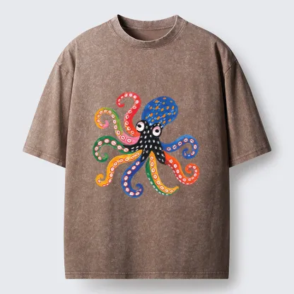 Tokyo-Tiger Bright Rainbow Octopus Washed T-Shirt