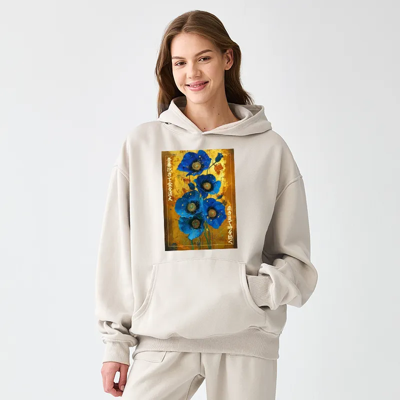 Tokyo-Tiger Shiny Blue Flower Warm Golden Background Adult Fleece Hoodie