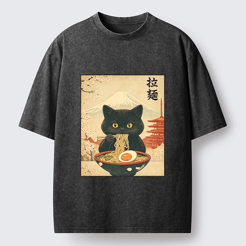 Tokyo‑Tiger Black Cute Cat Ramen Feast Washed T‑Shirt