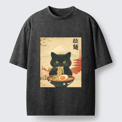 Tokyo‑Tiger Black Cute Cat Ramen Feast Washed T‑Shirt