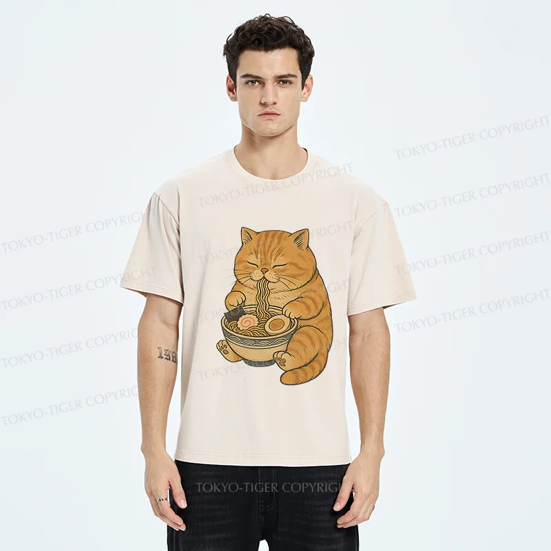 Tokyo-Tiger Orange Cat Eating Ramen Washed T-Shirt