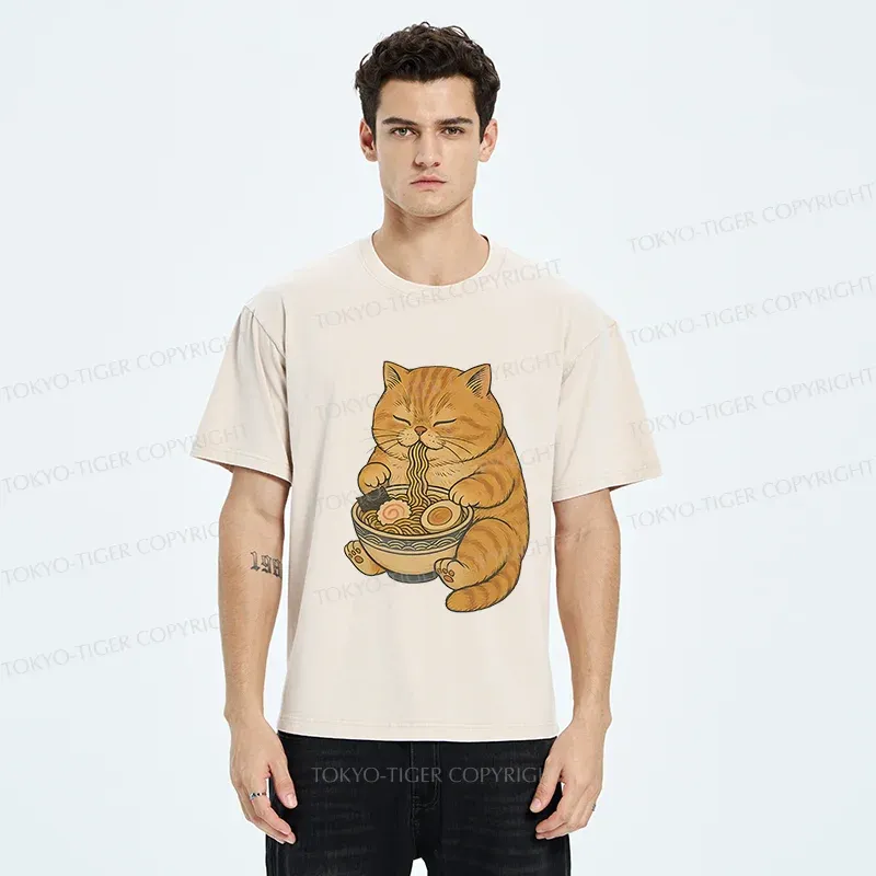 Tokyo-Tiger Orange Cat Eating Ramen Washed T-Shirt