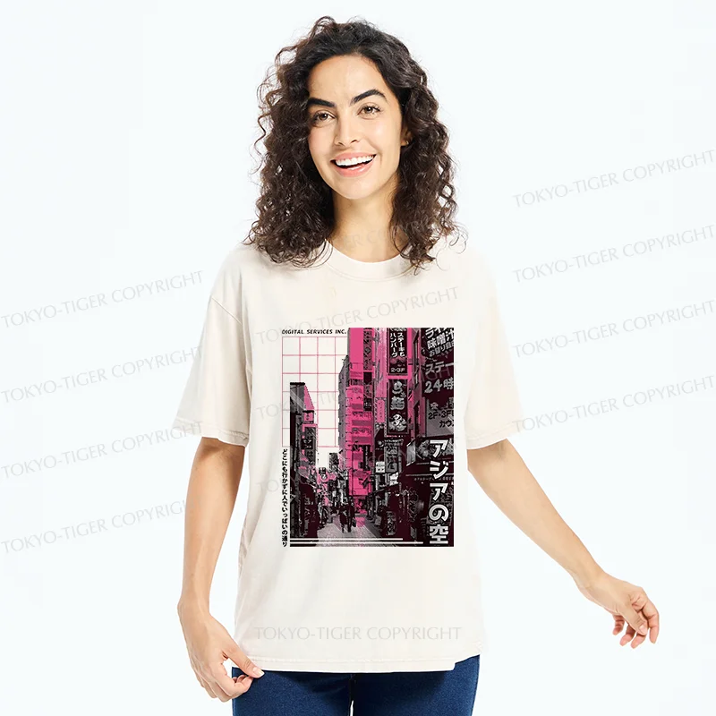 Tokyo-Tiger Tokyo Street Scene Washed T-Shirt