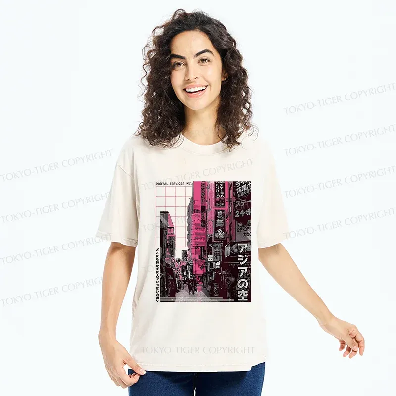 Tokyo-Tiger Tokyo Street Scene Washed T-Shirt