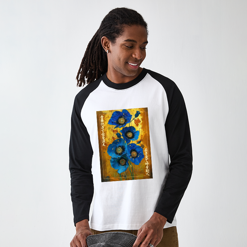 Tokyo-Tiger Shiny Blue Flower Warm Golden Background Raglan Long Sleeve T-shirt