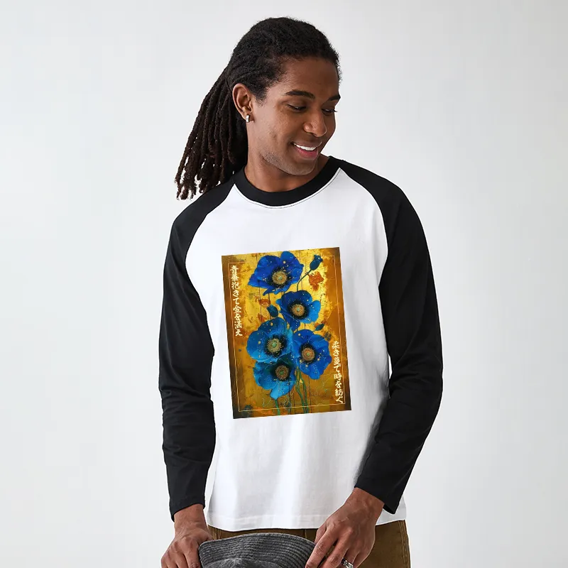 Tokyo-Tiger Shiny Blue Flower Warm Golden Background Raglan Long Sleeve T-shirt