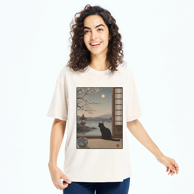 Tokyo-Tiger Black Cat Watching Mount Fuji At Night Washed T-Shirt