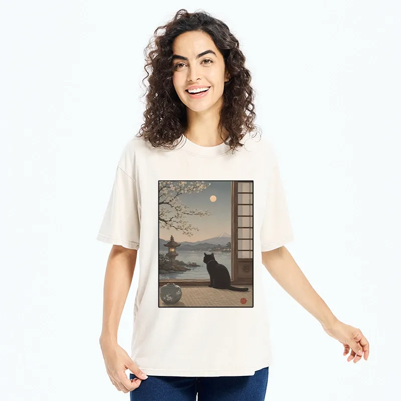Tokyo-Tiger Black Cat Watching Mount Fuji At Night Washed T-Shirt