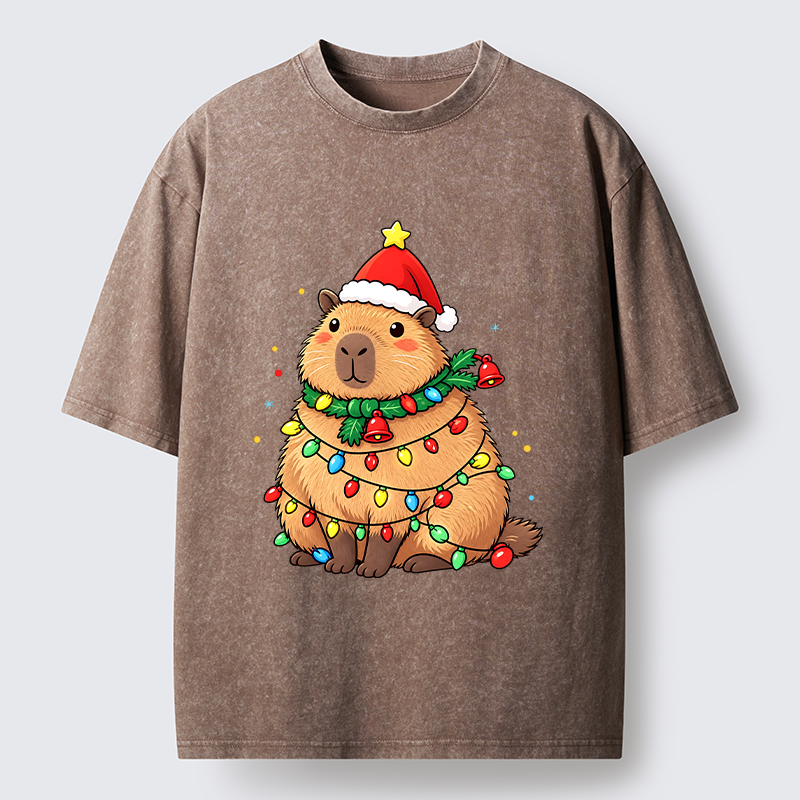 Tokyo-Tiger Chill Capybara In Christmas Outfit Washed T-Shirt