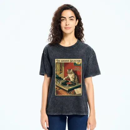 Tokyo-Tiger Retro DJ Cat Vinyl Record Art Washed T-Shirt