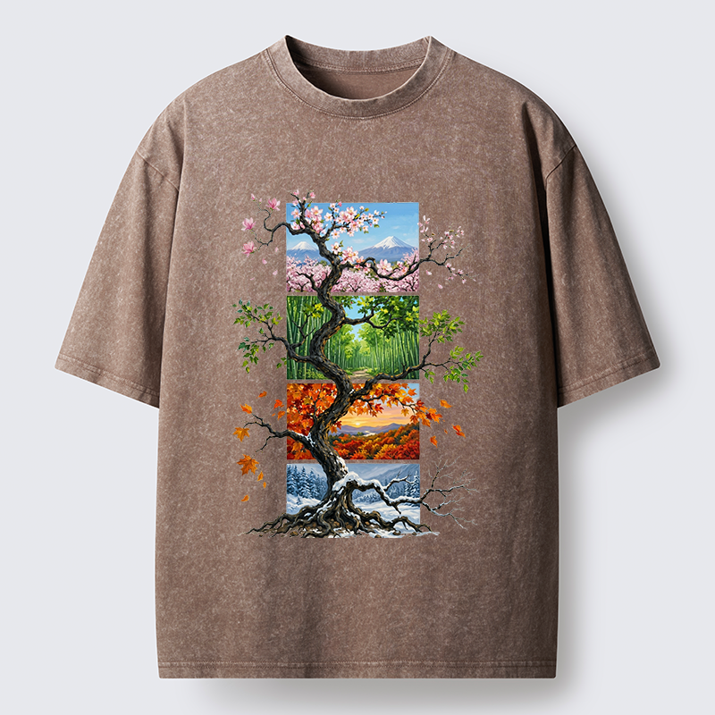 Tokyo-Tiger Nature Four Seasons Tree Art Washed T-Shirt