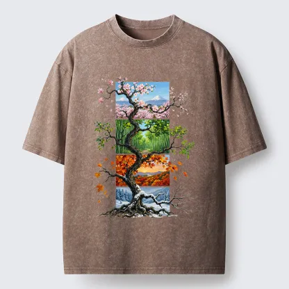 Tokyo-Tiger Nature Four Seasons Tree Art Washed T-Shirt