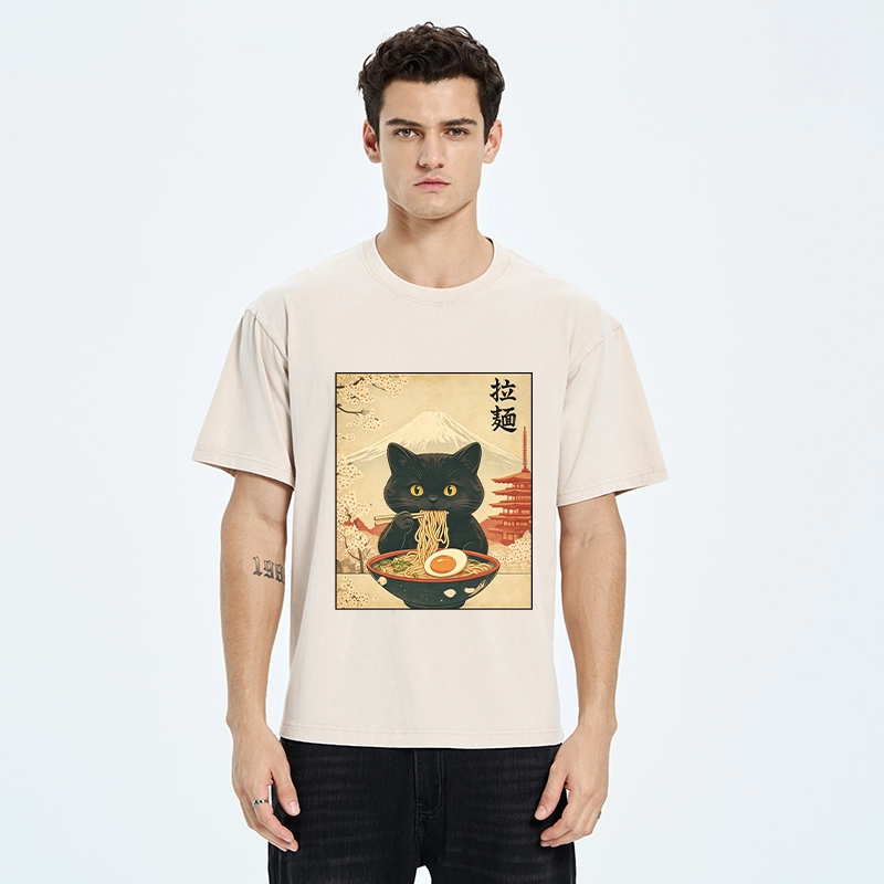 Tokyo‑Tiger Black Cute Cat Ramen Feast Washed T‑Shirt