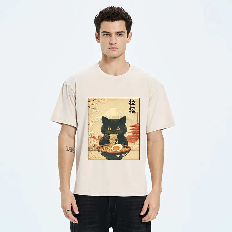 Tokyo‑Tiger Black Cute Cat Ramen Feast Washed T‑Shirt