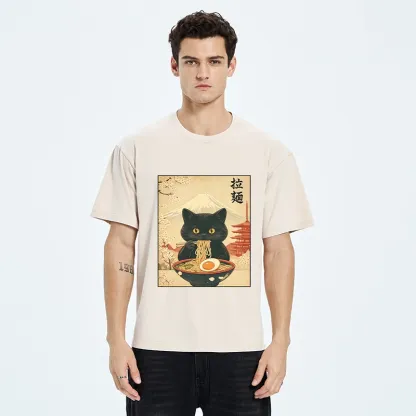 Tokyo‑Tiger Black Cute Cat Ramen Feast Washed T‑Shirt