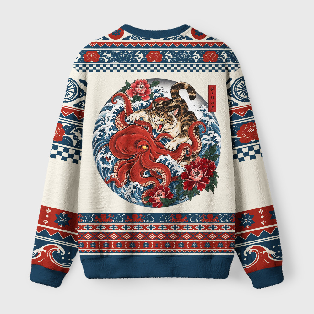 Tokyo-Tiger Ukiyo Style Cat Fighting Octopus Fuzzy Christmas Ugly Sweatshirt