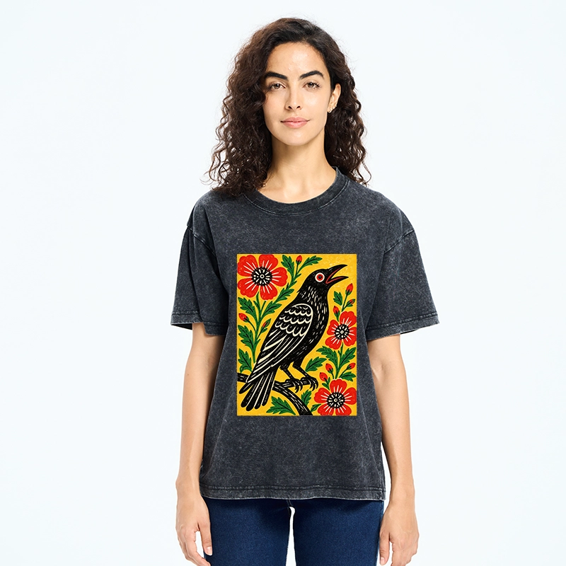 Tokyo-Tiger Vintage Crow Flower Folk Art Washed T-Shirt