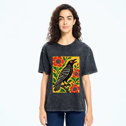 Tokyo-Tiger Vintage Crow Flower Folk Art Washed T-Shirt