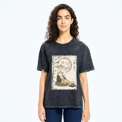 Tokyo-Tiger Funny Meme Cozy Tea Time Shiba Inu Washed T-Shirt