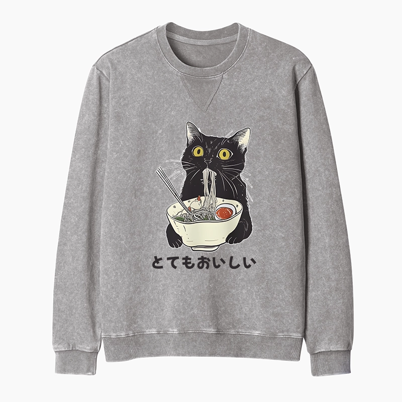 Tokyo-Tiger Cats Eat Ramen Noodles Washed Terry Sweatshirt