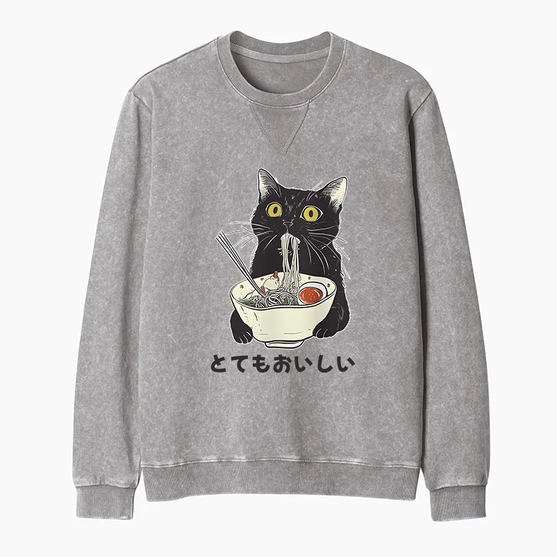 Tokyo-Tiger Cats Eat Ramen Noodles Washed Terry Sweatshirt