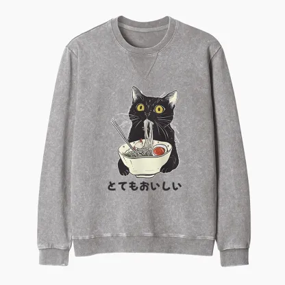 Tokyo-Tiger Cats Eat Ramen Noodles Washed Terry Sweatshirt