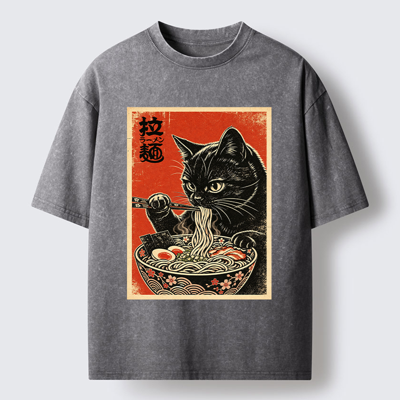 Tokyo-Tiger Japanese Ramen Cat Art Washed T-Shirt
