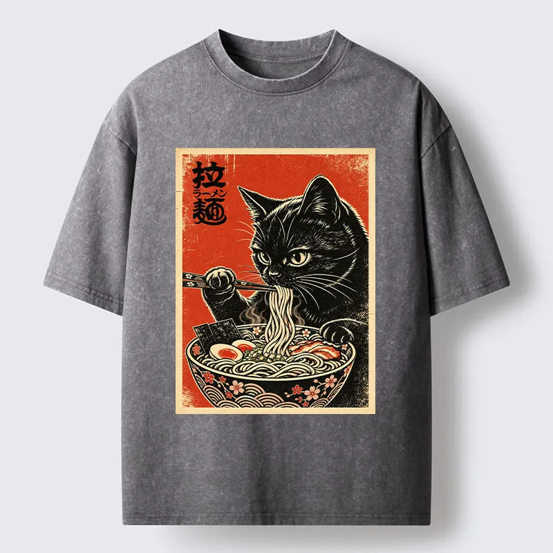 Tokyo-Tiger Japanese Ramen Cat Art Washed T-Shirt