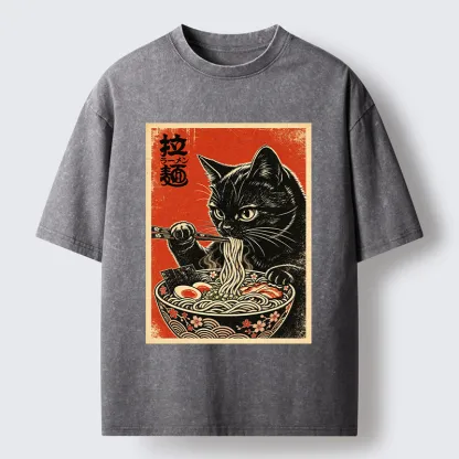 Tokyo-Tiger Japanese Ramen Cat Art Washed T-Shirt