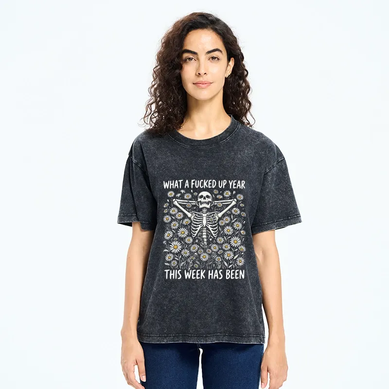 Tokyo-Tiger Bad Week Skeleton Quote Washed T-Shirt