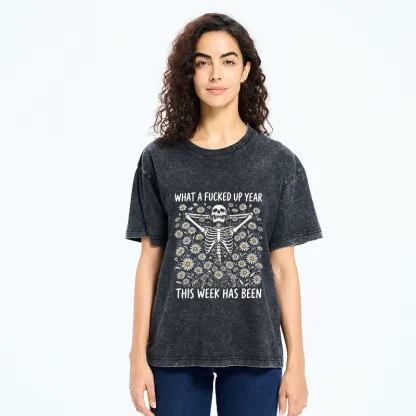 Tokyo-Tiger Bad Week Skeleton Quote Washed T-Shirt
