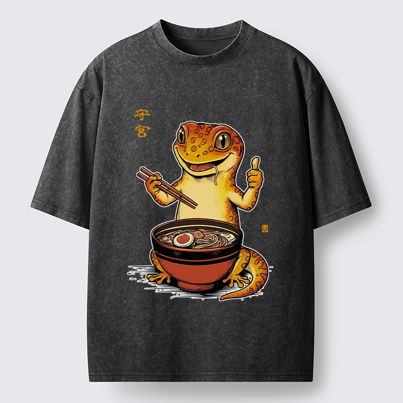 Tokyo-Tiger Japanese Gecko Eating Ramen Washed T-Shirt