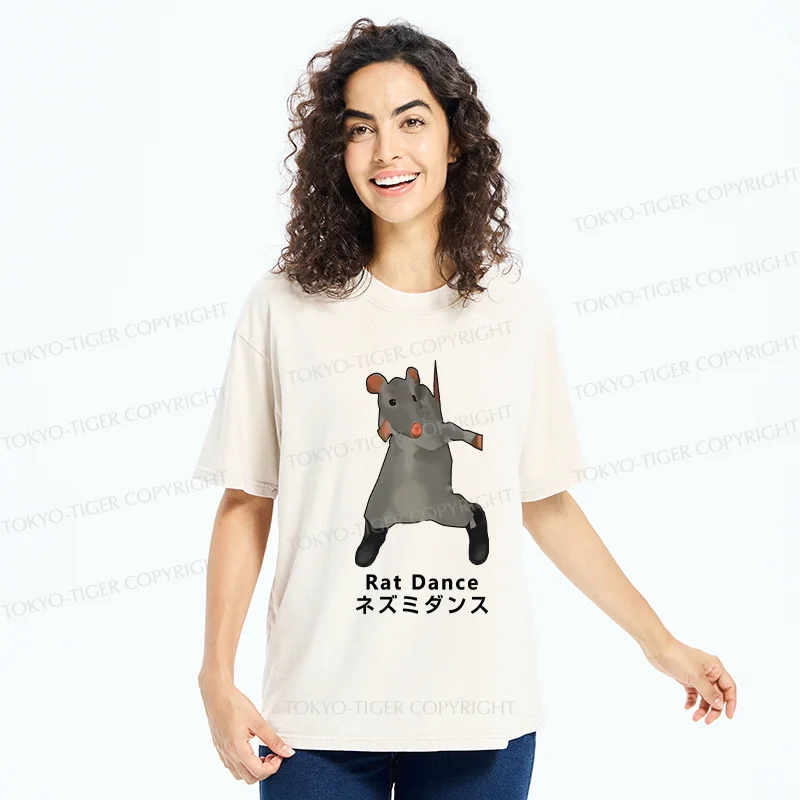 Tokyo-Tiger Funny Dancing Mouse Washed T-Shirt
