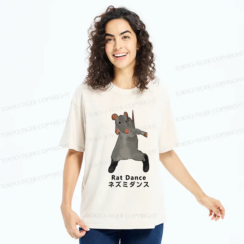 Tokyo-Tiger Funny Dancing Mouse Washed T-Shirt