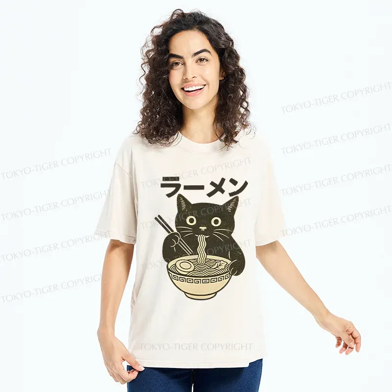 Tokyo-Tiger Simple Black Cat Eating Ramen Washed T-Shirt