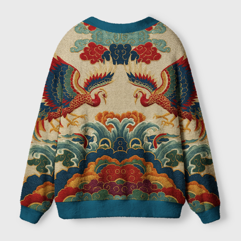 Tokyo-Tiger Vermilion Phoenixes in Brocade Skies Ugly Cardigan Sweater